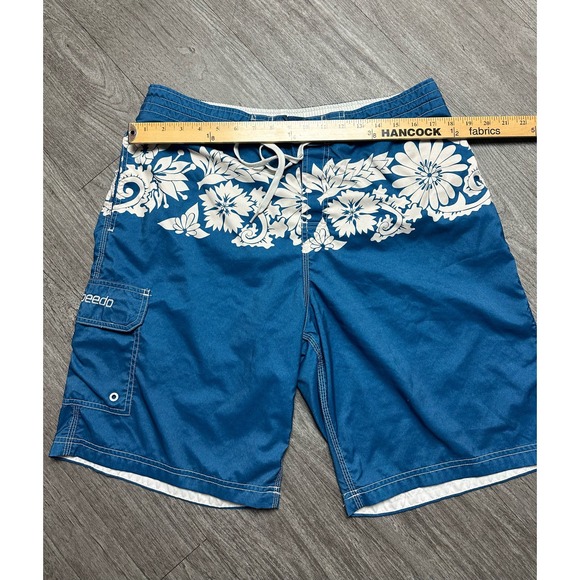 Speedo Blue White Hawaiian Floral Lined Swim Surf Board Shorts Men Size L - Picture 2 of 5